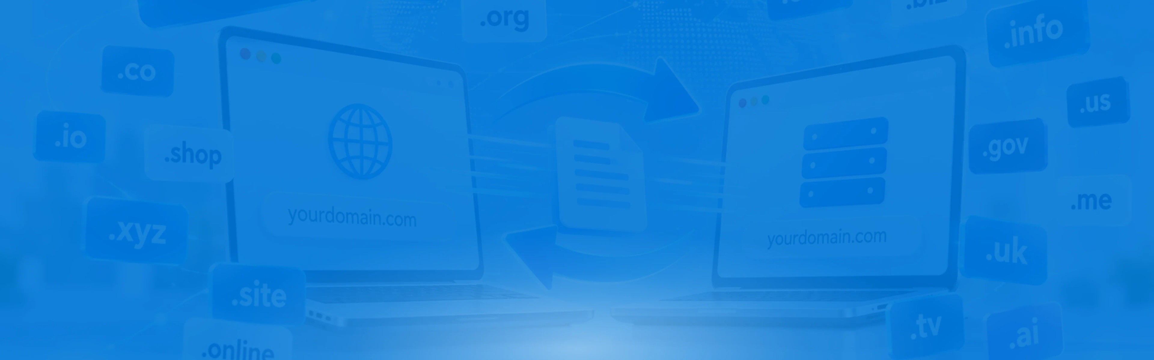 Domain transfer laptops and floating TLD tiles background