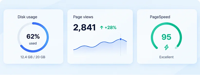 Disk usage, page views, and PageSpeed metrics